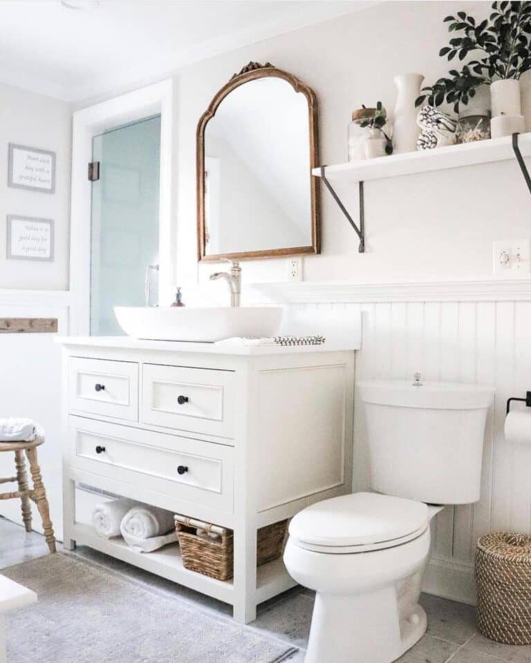 Beadboard Half Wall Behind White Vanity