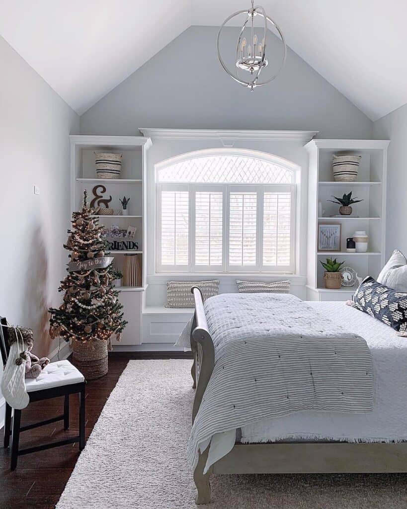 Bedroom with Vaulted Ceiling and Built-in Bookcases