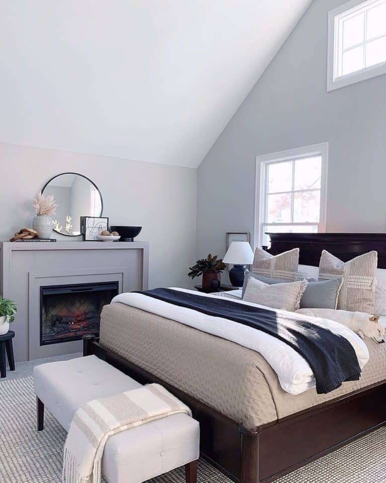 Bedroom with Vaulted Ceiling and Fireplace