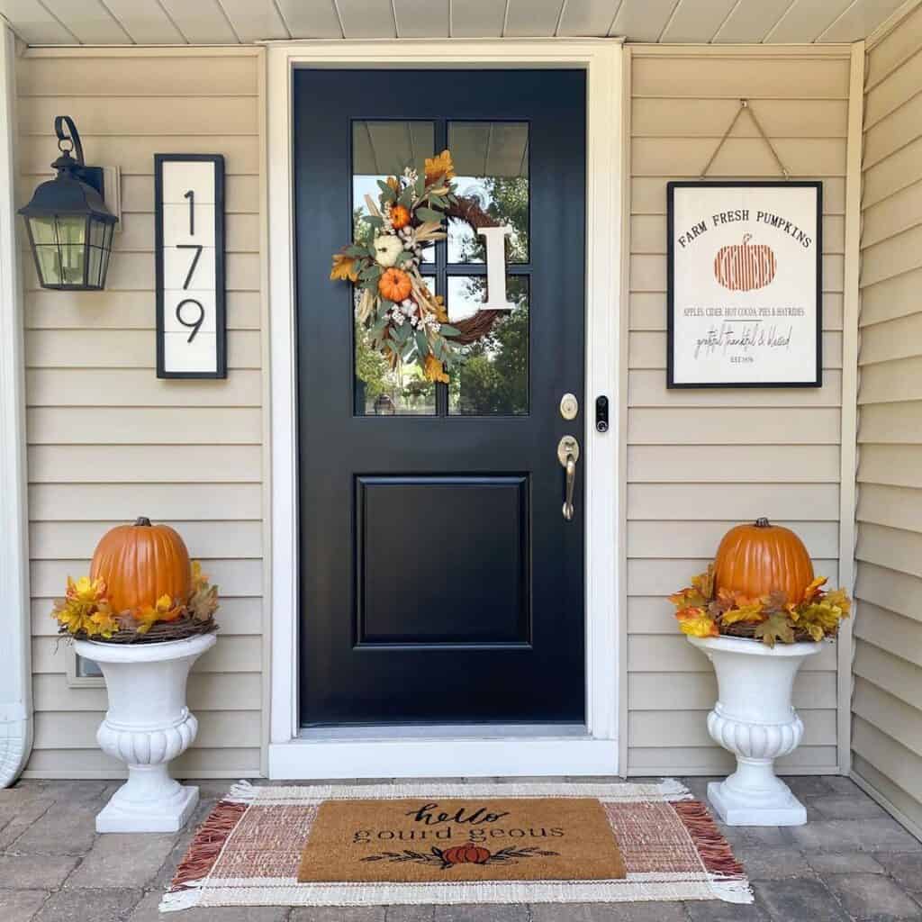 Beige Farmhouse with Black Front Door and Fall Decor