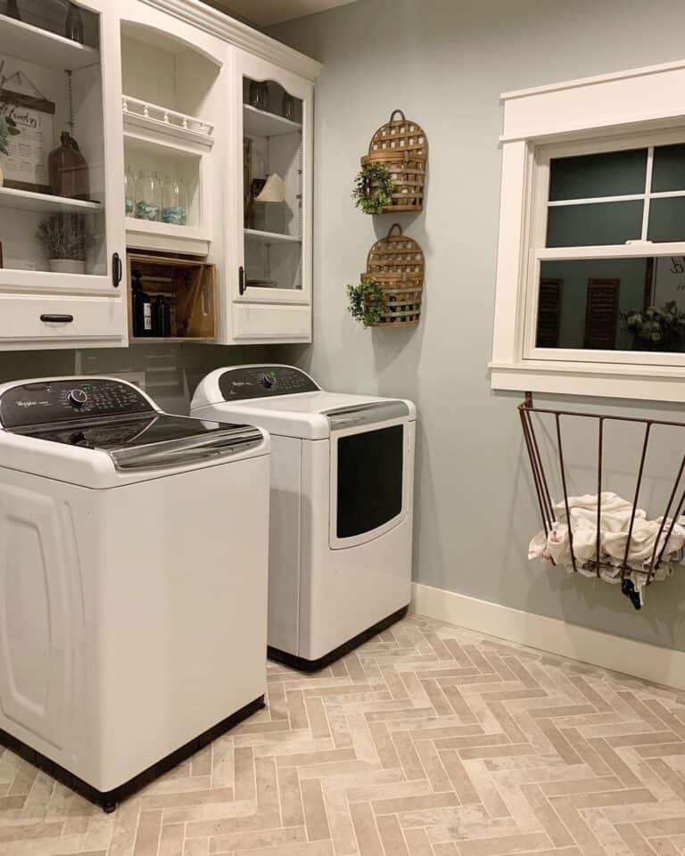 Beige Herringbone Tile Flooring in Laundry Room