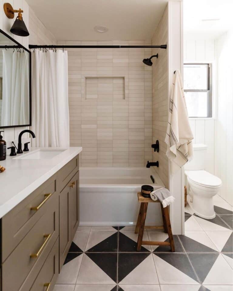 Beige and Black Square Tile Checkerboard Floor