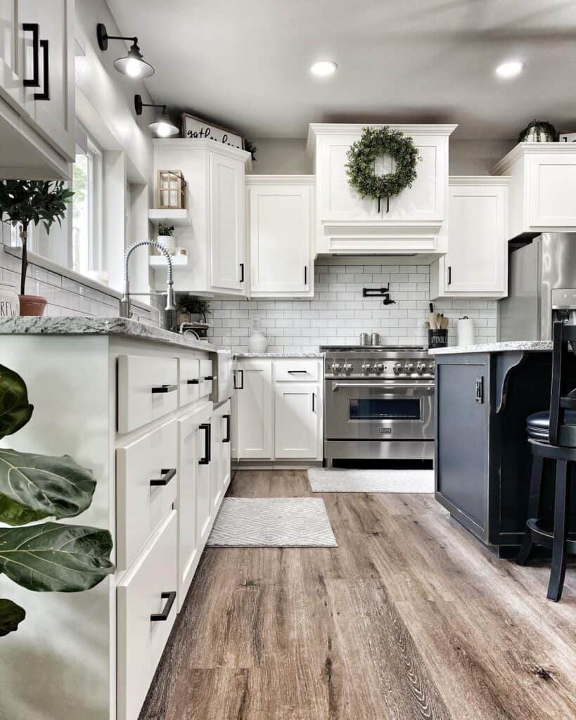 Black Accents in White Subway Tile Kitchen
