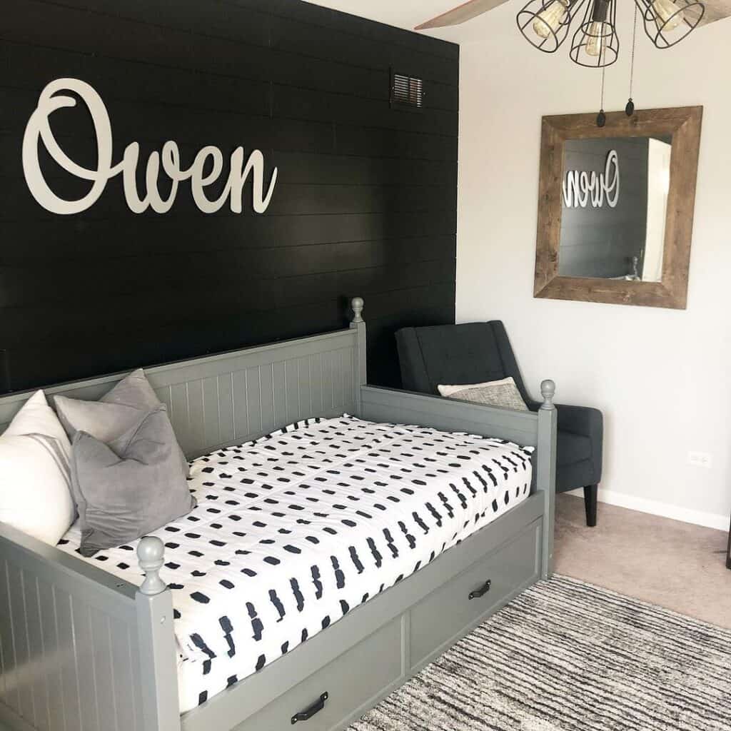 Black Bedroom Accent Wall with White Lettering
