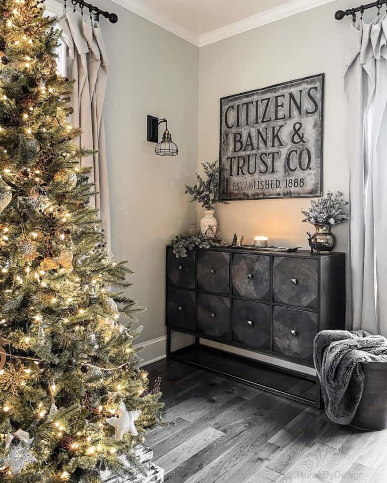 Black Buffet Pushed Into Living Room Corner