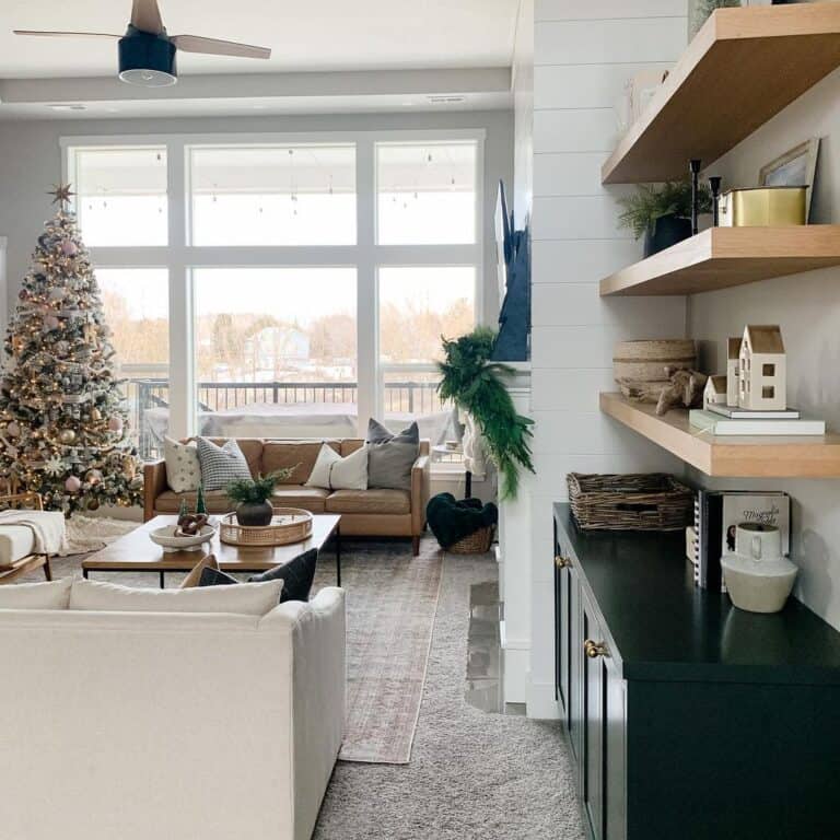 Black Buffet Under Three Floating Wood Shelves
