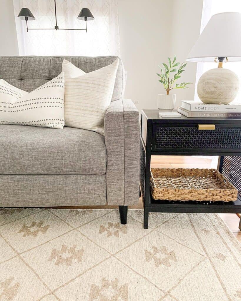 Black End Table Decor Beside Gray Couch