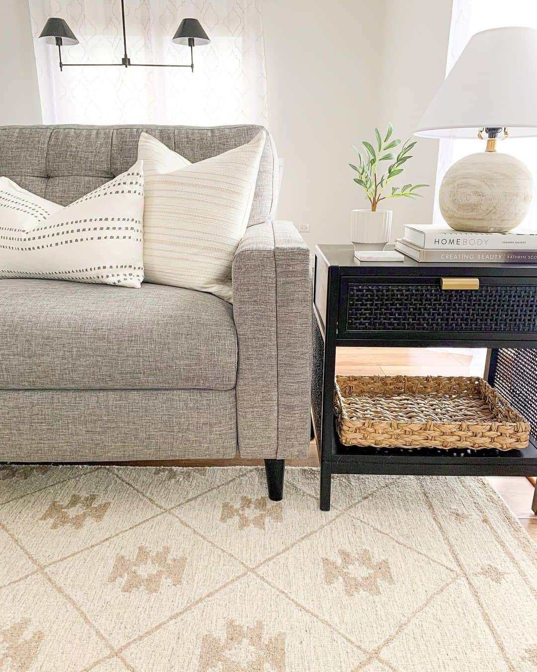 Black End Table Decor Beside Gray Couch Soul & Lane