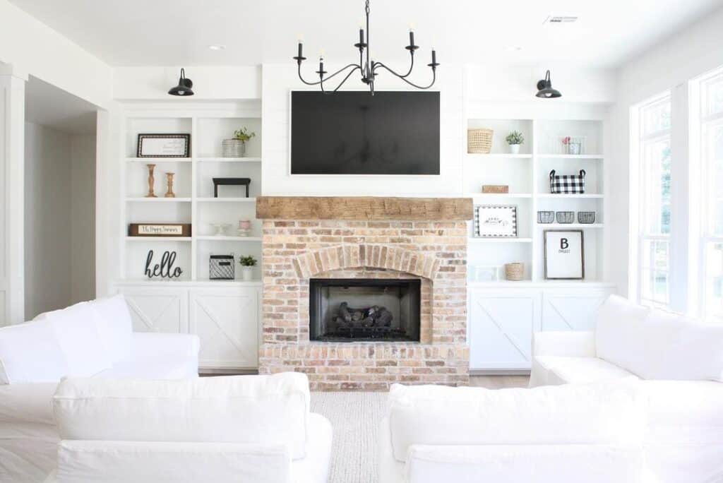 Black Fireplace Sconces Above White Shelving Unit