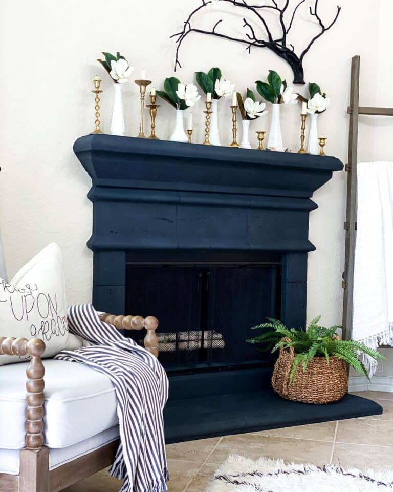 Black Fireplace Surround with Brass Accents