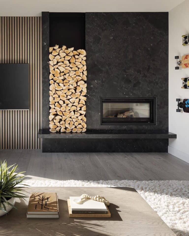 Black Fireplace Wall with Stacked Wood