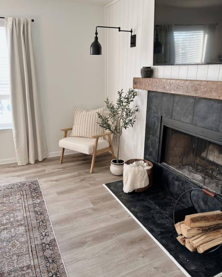 Black Fireplace in Neutral Hued Living Room