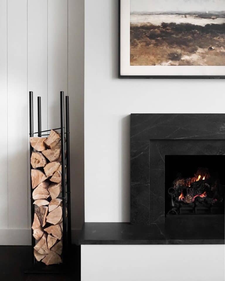 Black Fireplace with Wood Rack