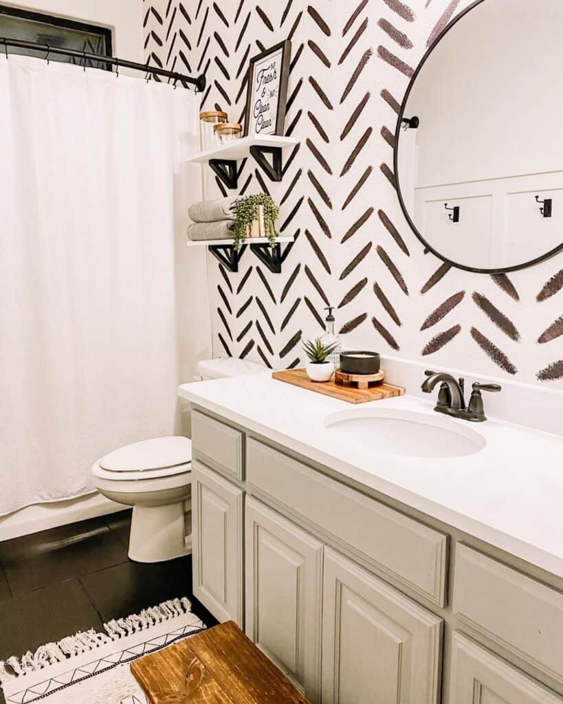 Black Floor Tile and Eggshell Bathroom Vanity
