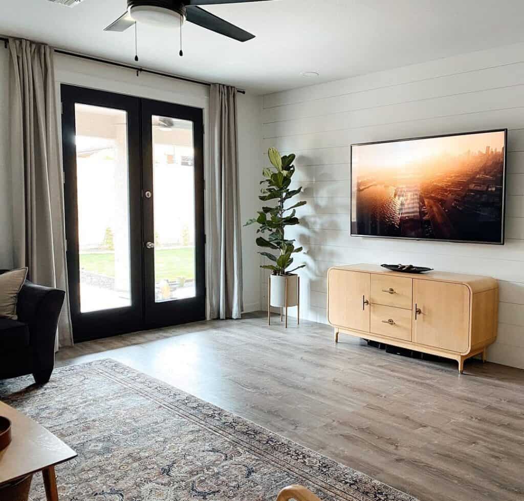 Black French Doors with Floor to Ceiling Curtains