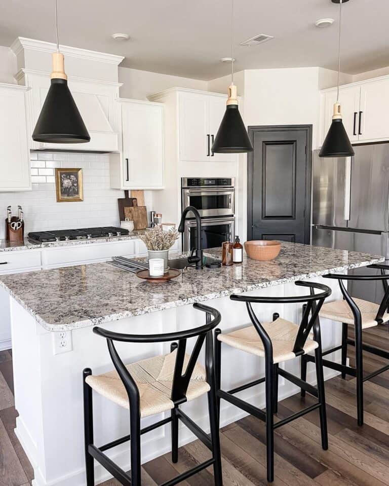 Black Pantry Door and White Shaker Cabinets