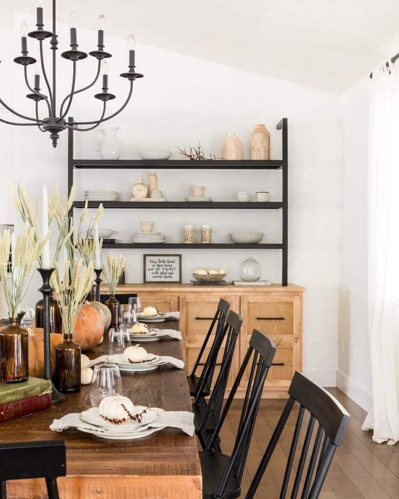 Black Shelving Unit on Warm Wood Sideboard