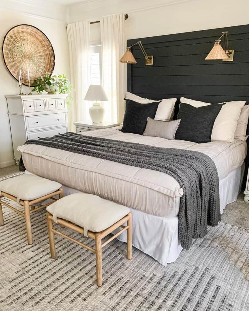 Black Shiplap Headboard with White Bedding