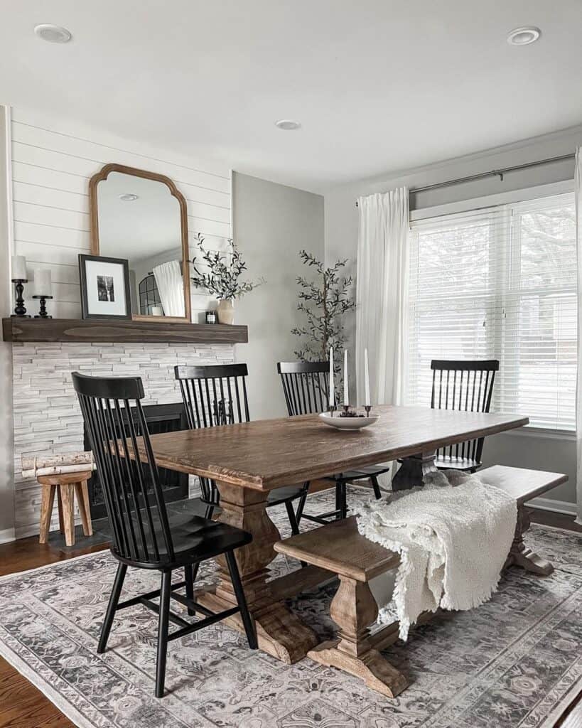 Black Wood Dining Chairs and a Wooden Bench