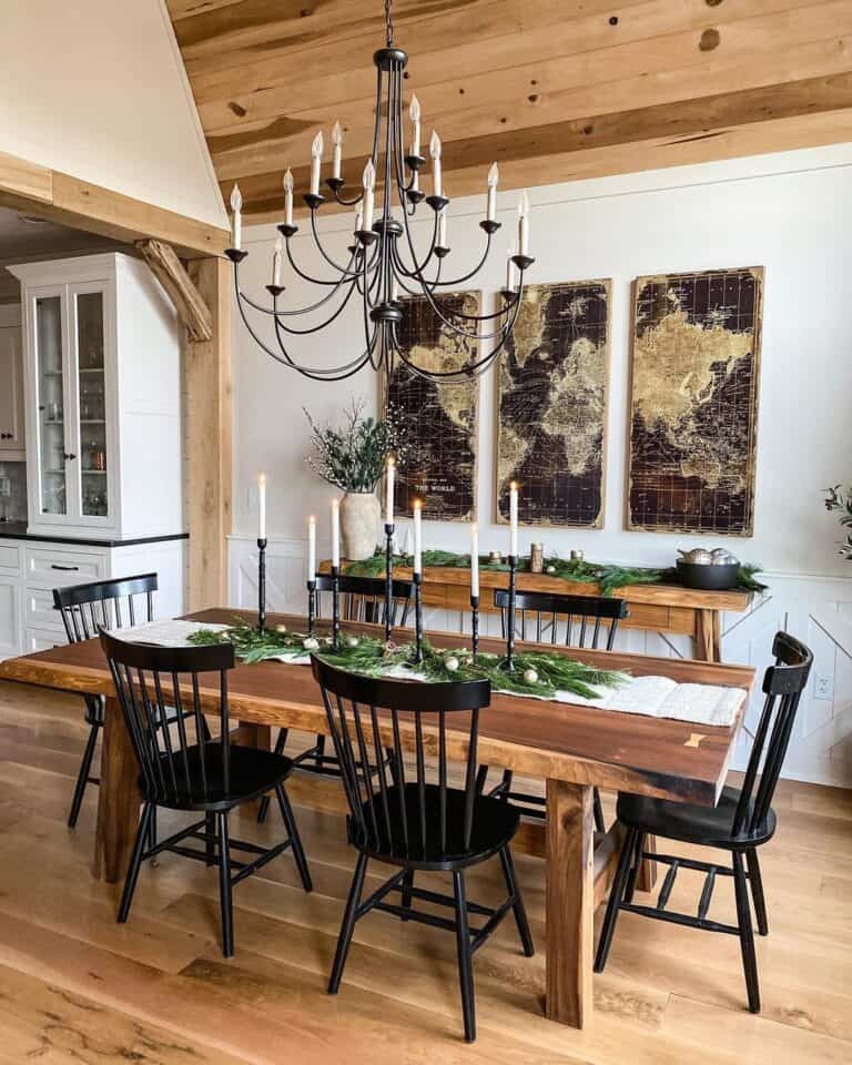 Black Wood Dining Room Chairs and a Brown World Map