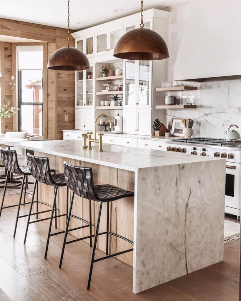 Black Woven Bar Stools and Marble Island