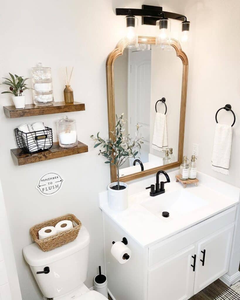 Black and White Bathroom with Wooden Shelves