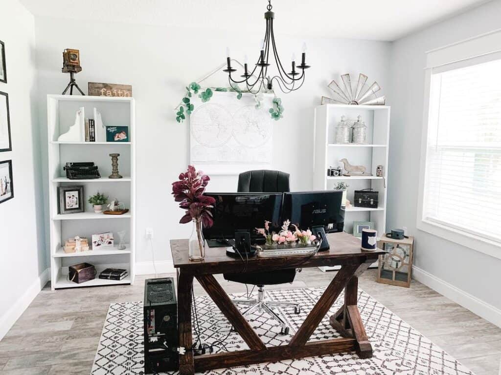 Black and White Home Office Rug Under Black Chandelier