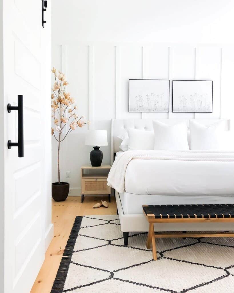 Black and Wood Accents in White Bedroom