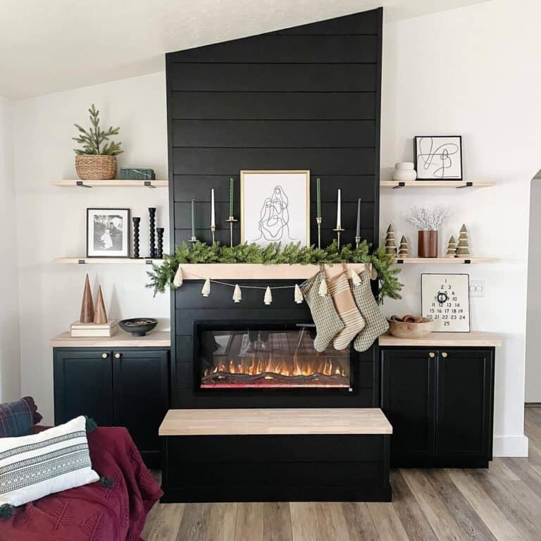 Black electric fireplace with cabinets