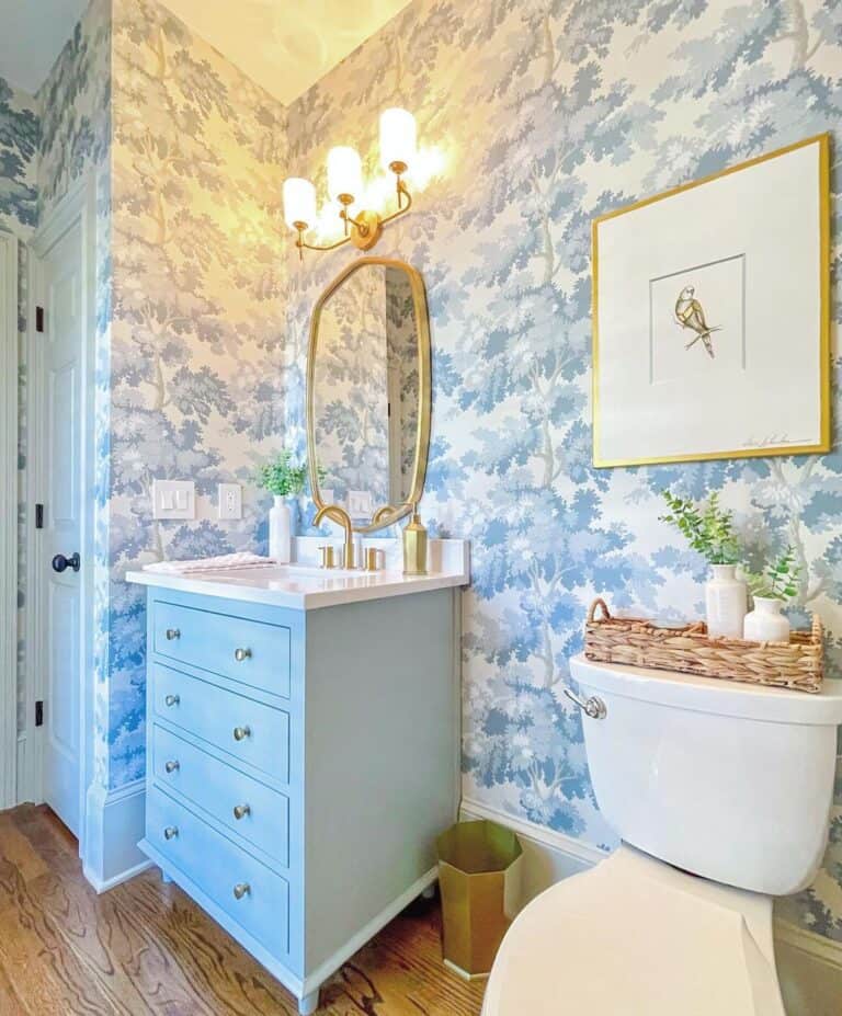 Blue Bathroom Wallpaper and Gold Accents