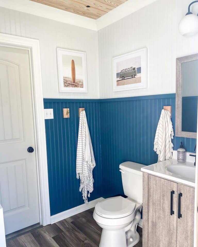 Blue Beadboard Half Wall in Bathroom