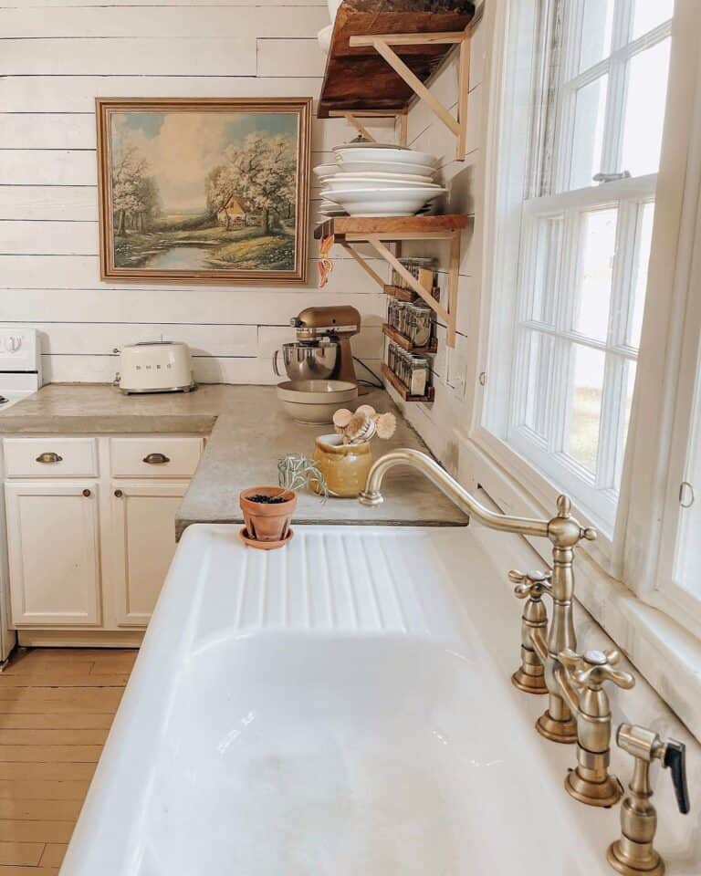 Brass Faucet on a White Kitchen Sink