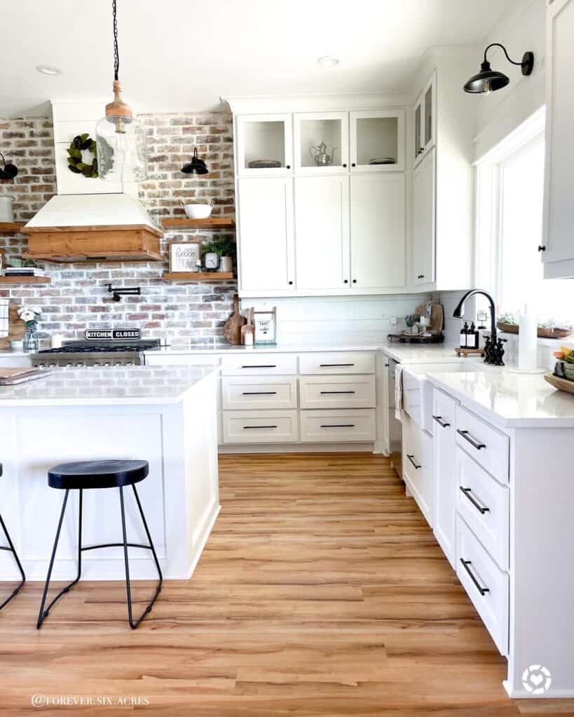 Brick Backsplash with Oak Floating Shelves