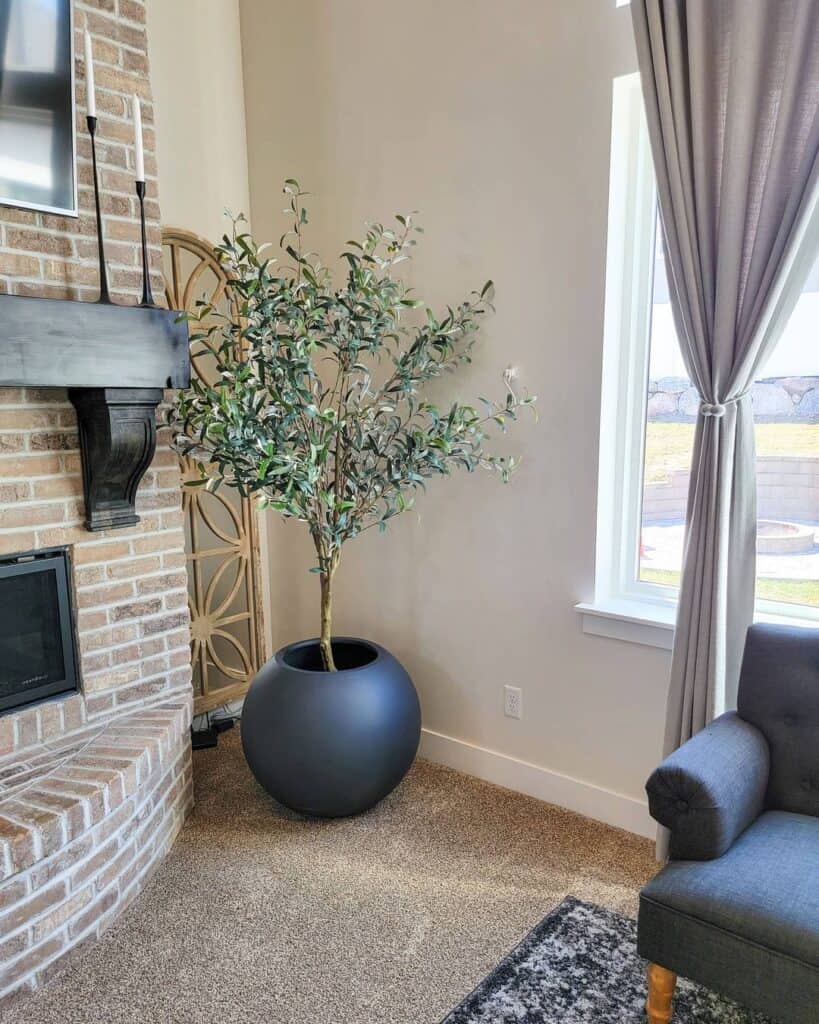 Brick Fireplace Living Room with Black Mantel