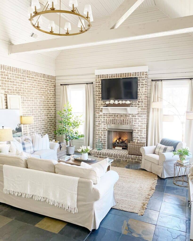 Brick Fireplace and Vaulted Ceiling Living Room