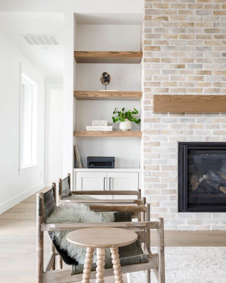 Brick Fireplace wall and Shaker Cabinets