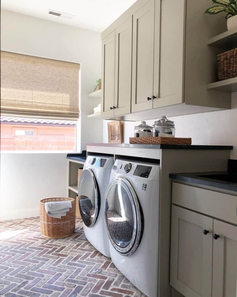 Brick Herringbone Pattern Laundry Room Floor