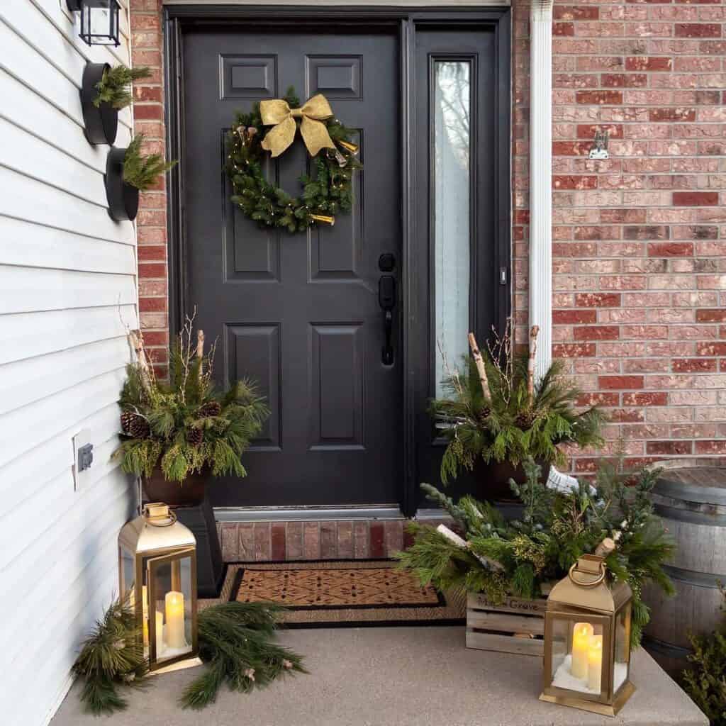 Brick Home with Black Front Door and Evergreens