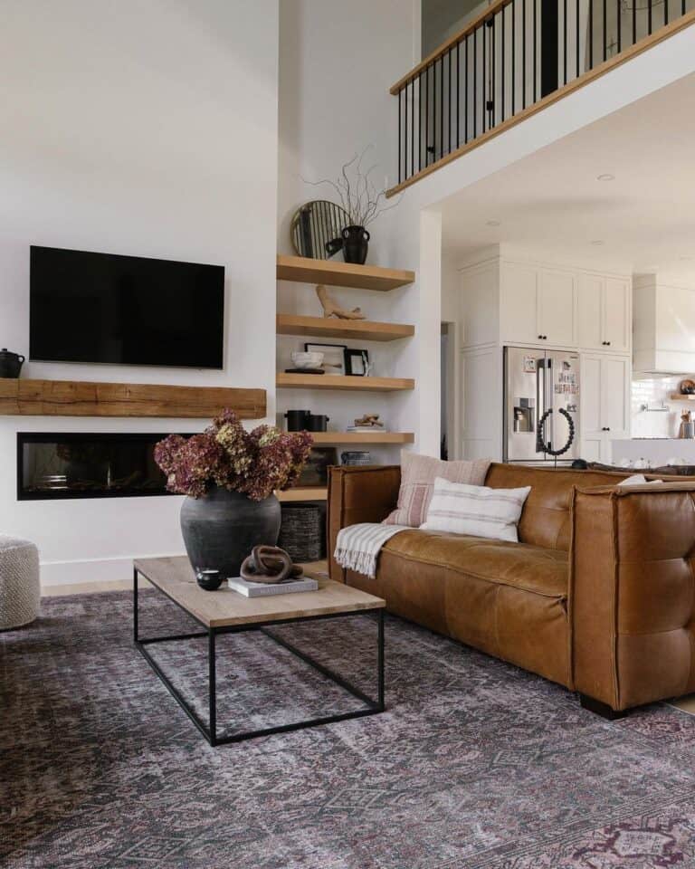 Brown Leather Couch with Coffee Table