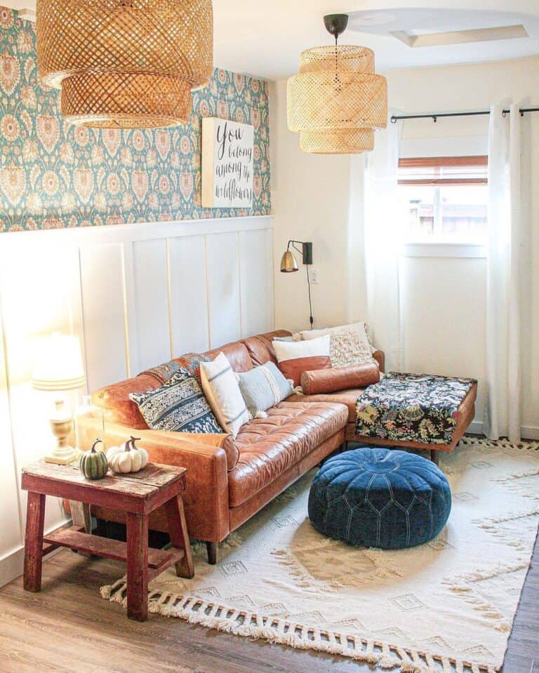 Brown Leather Couch with Pouf Ottoman