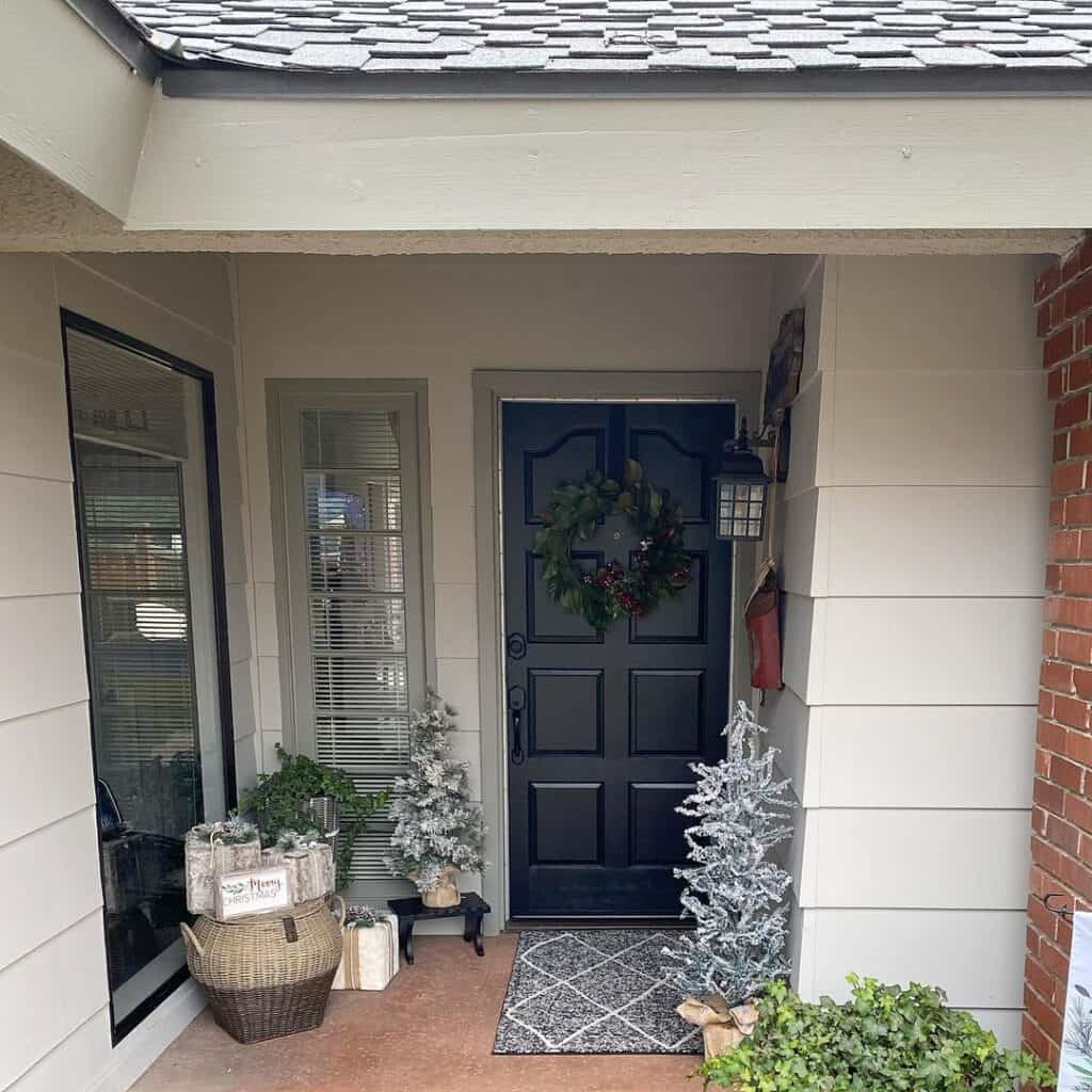 Christmas Decorated Front Porch with Black Front Door