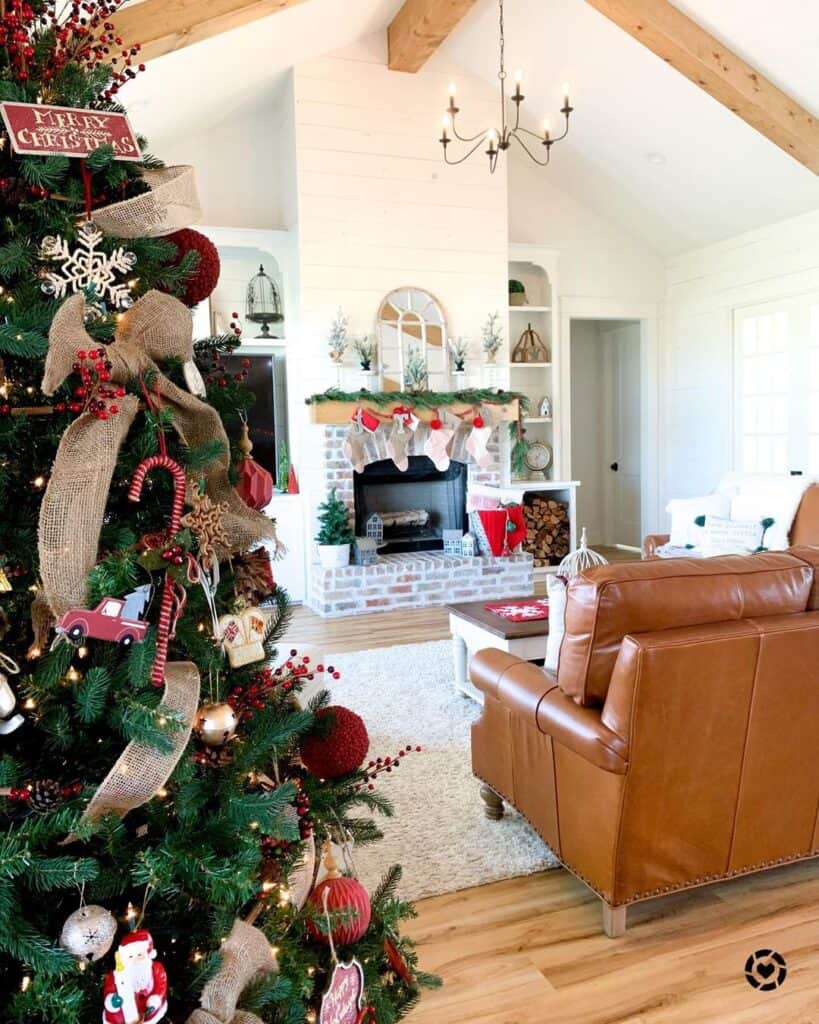 Christmas Decorated Living Room with Vaulted Ceiling
