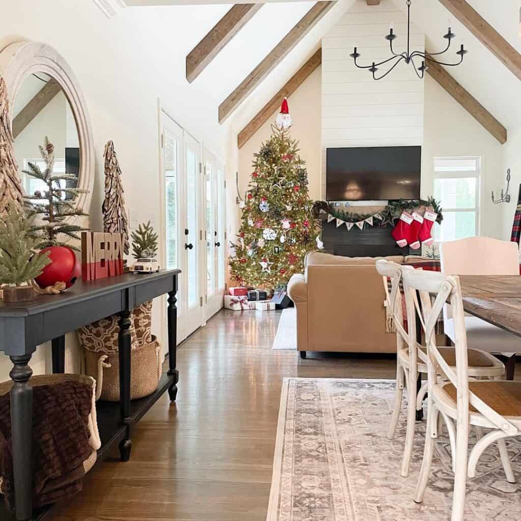 Christmas Decorated Living Room with Vaulted Ceilings