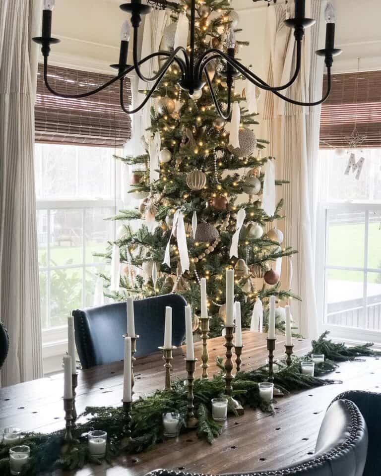 Christmas Dining Room Accented with Ivory Striped Curtains