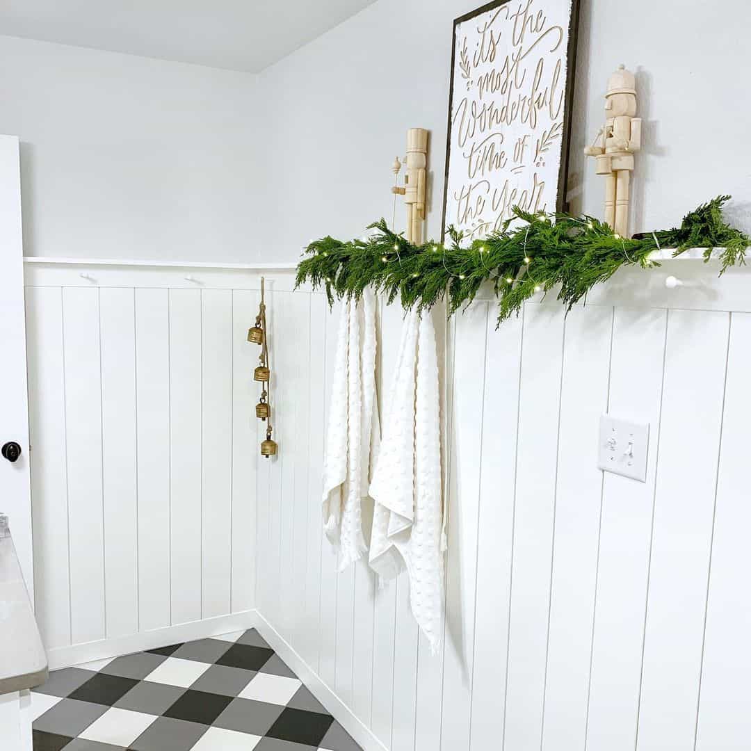 Christmas Ornaments on Shelf in Plaid Bathroom Soul & Lane
