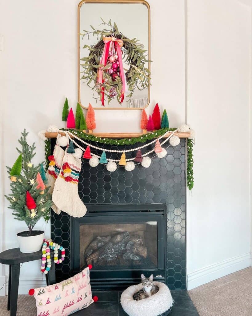 Colorful Decorations on Hex Tile Fireplace