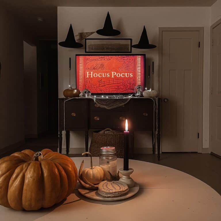 Cozy Film Night in Halloween Living Room