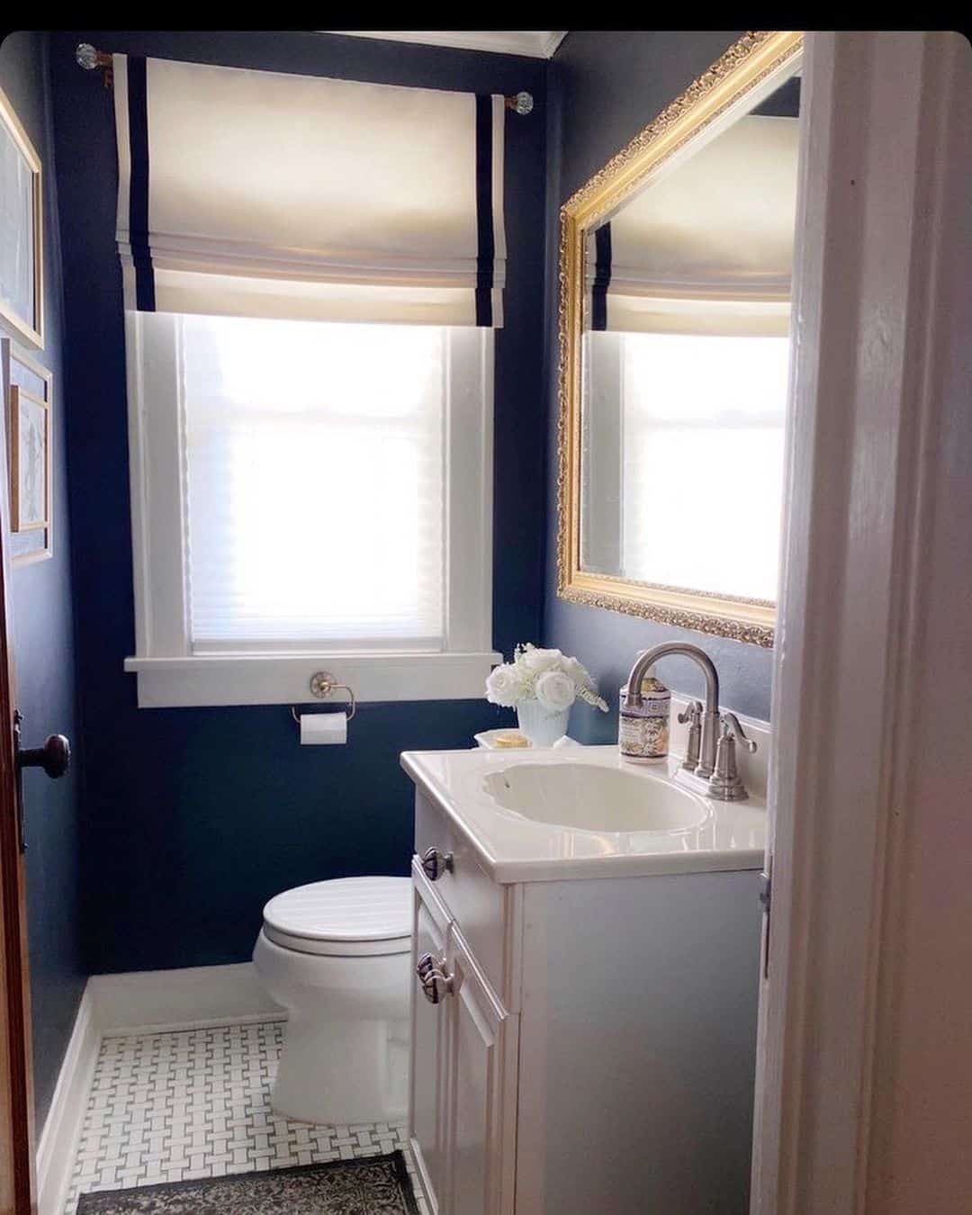 Dark Blue Bathroom with Basketweave Flooring Soul & Lane