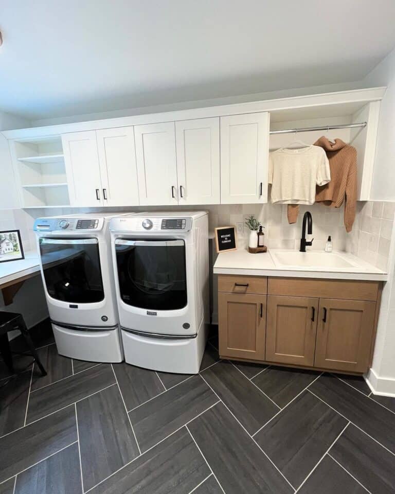 Dark Gray Herringbone Laundry Room Floor Tile