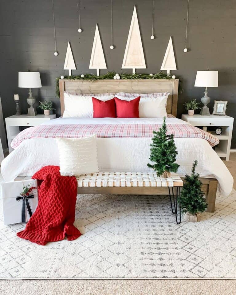 Dark Grey Wall with Red and White Quilt
